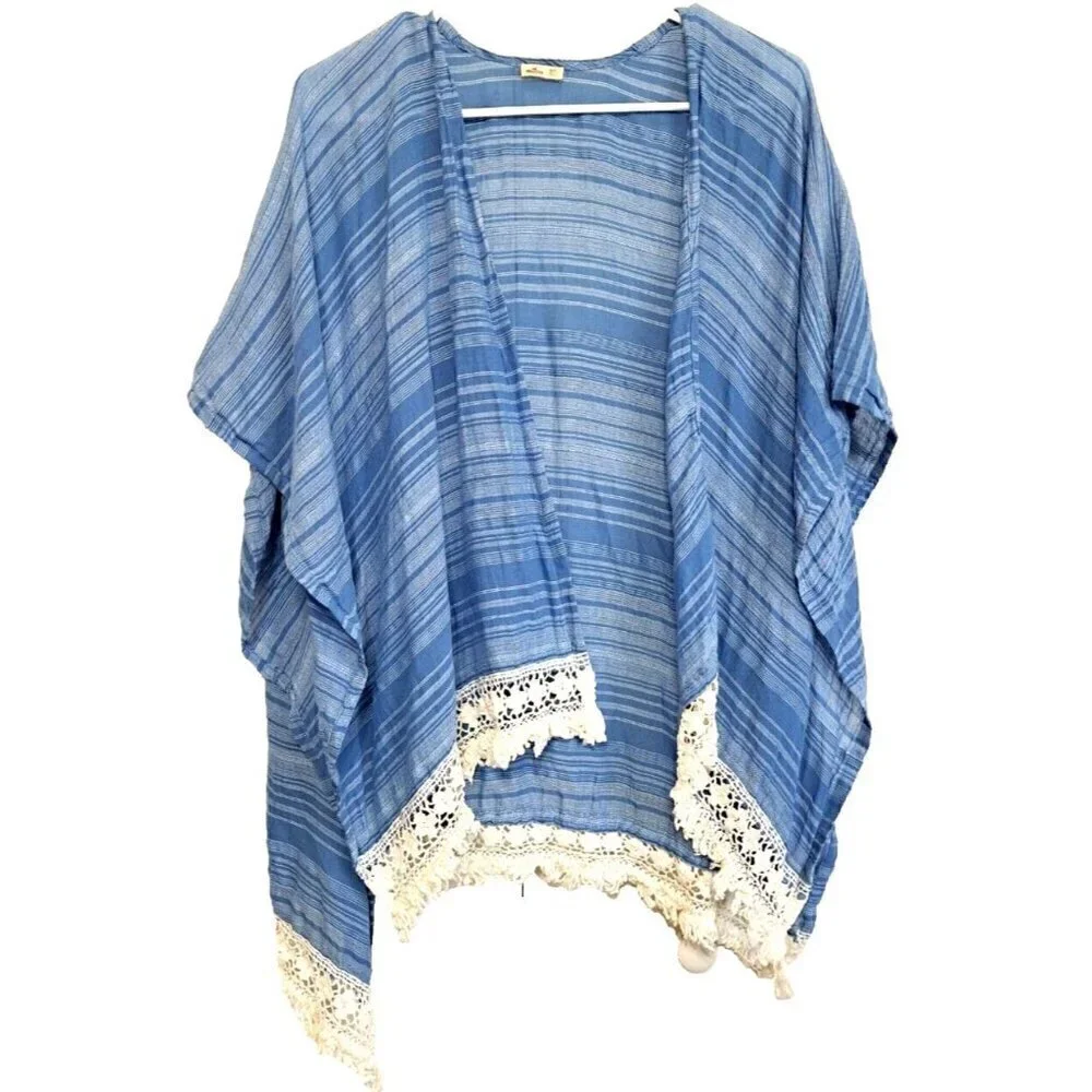 Hollister XS/S Women's Cotton Blue White Stripe Kimono Style Jacket Crochet Lace